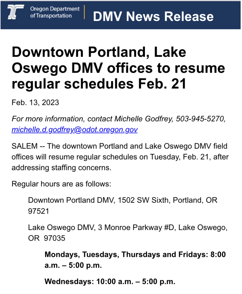 Downtown Portland, Lake Oswego DMV offices to resume regular schedules